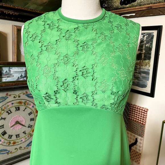 70s Vintage Kelly Green High Waist Sleeveless Polyester Dress with Lace Jacket - Picture 9 of 9
